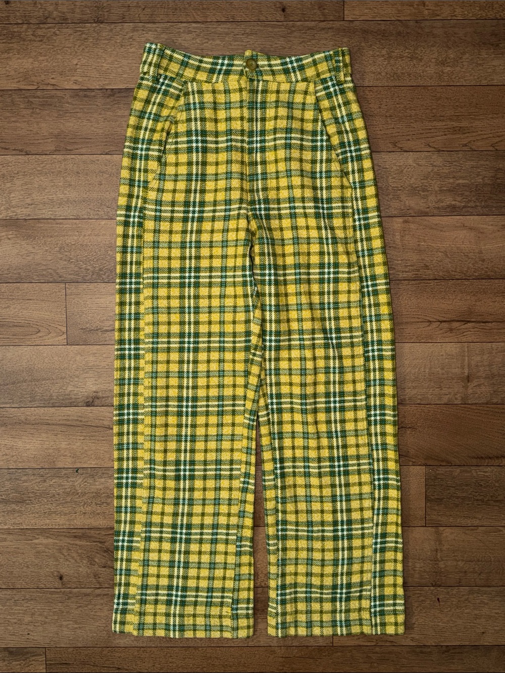 Free People Size 4 Shape Up Plaid Wide Leg Pants Green Mustard Yellow Bohemian